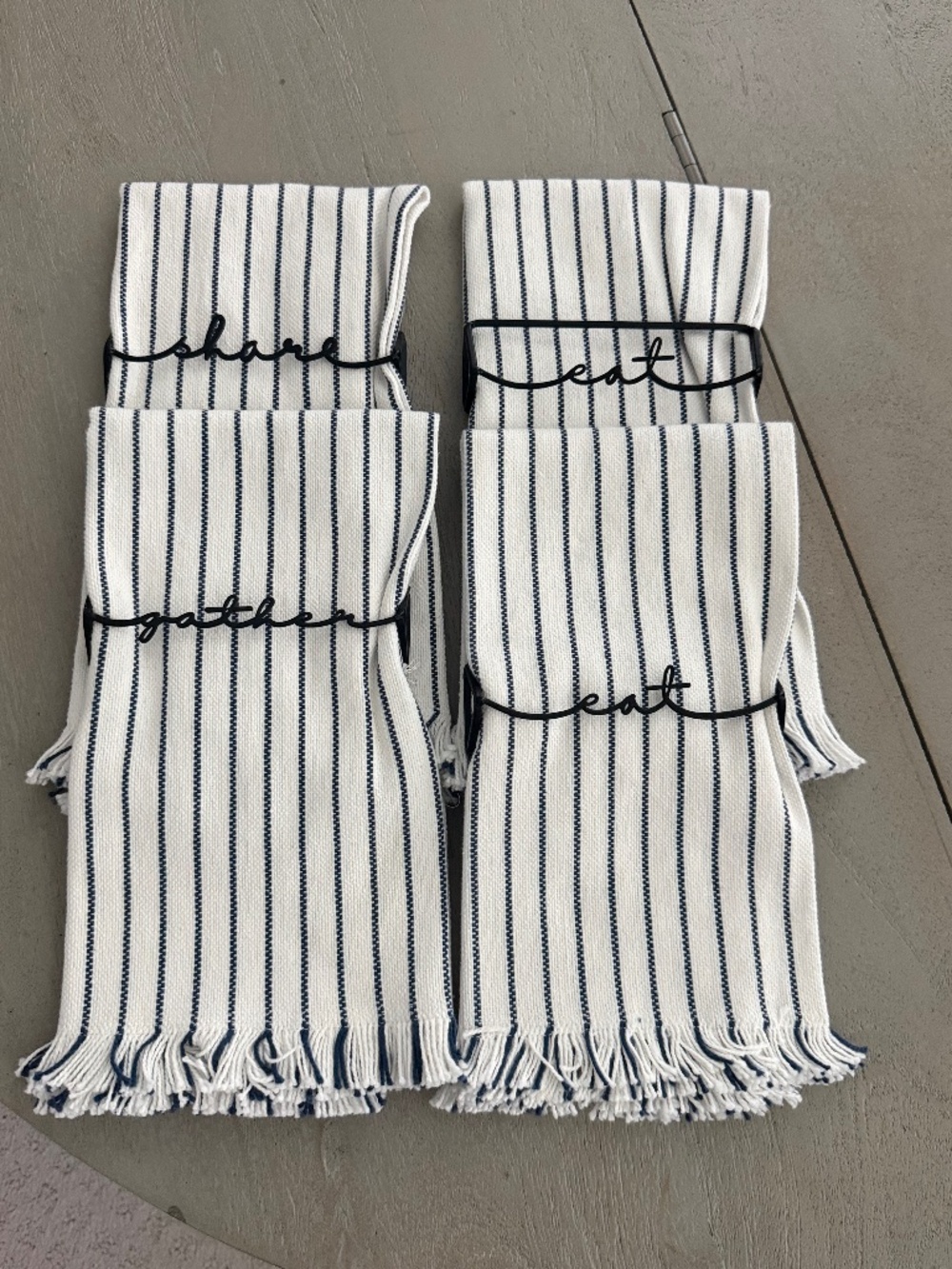 Kirklands Blue & White Striped Napkins with Napkin Rings, Set of 4